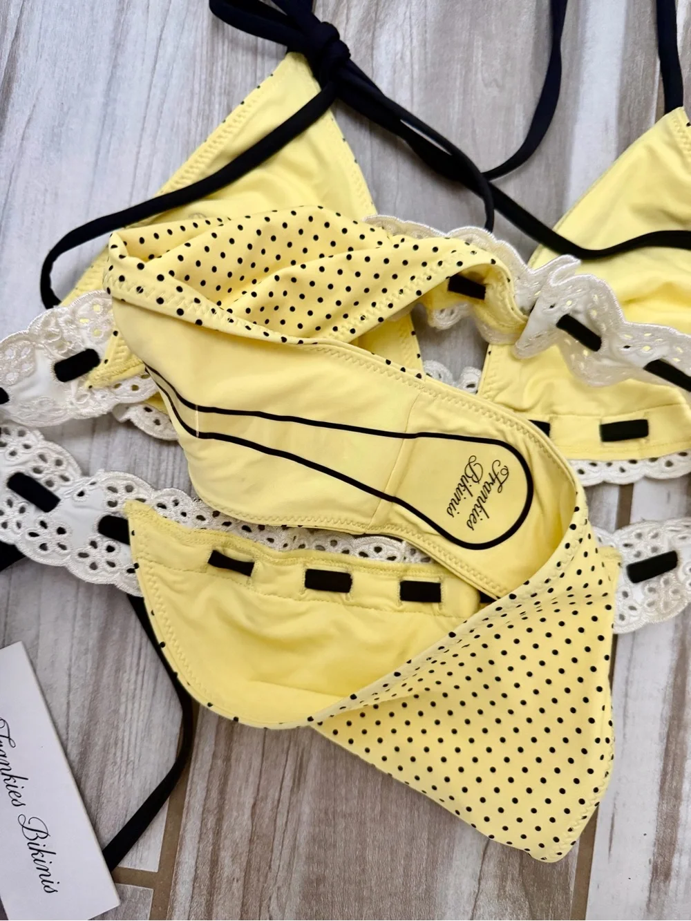 NWT-Frankie's Bikinis, Lana Bikini top, Lacy Micro Bikini bottom in Lemon Dot, L